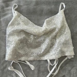 Spaghetti strap sequin crop top, with tie back